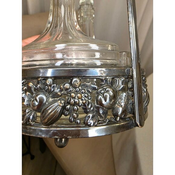 Vintage Ornate Silver Plate Glass Cruet Set With Decorative Handle & Fruit Motif - Picture 8 of 15